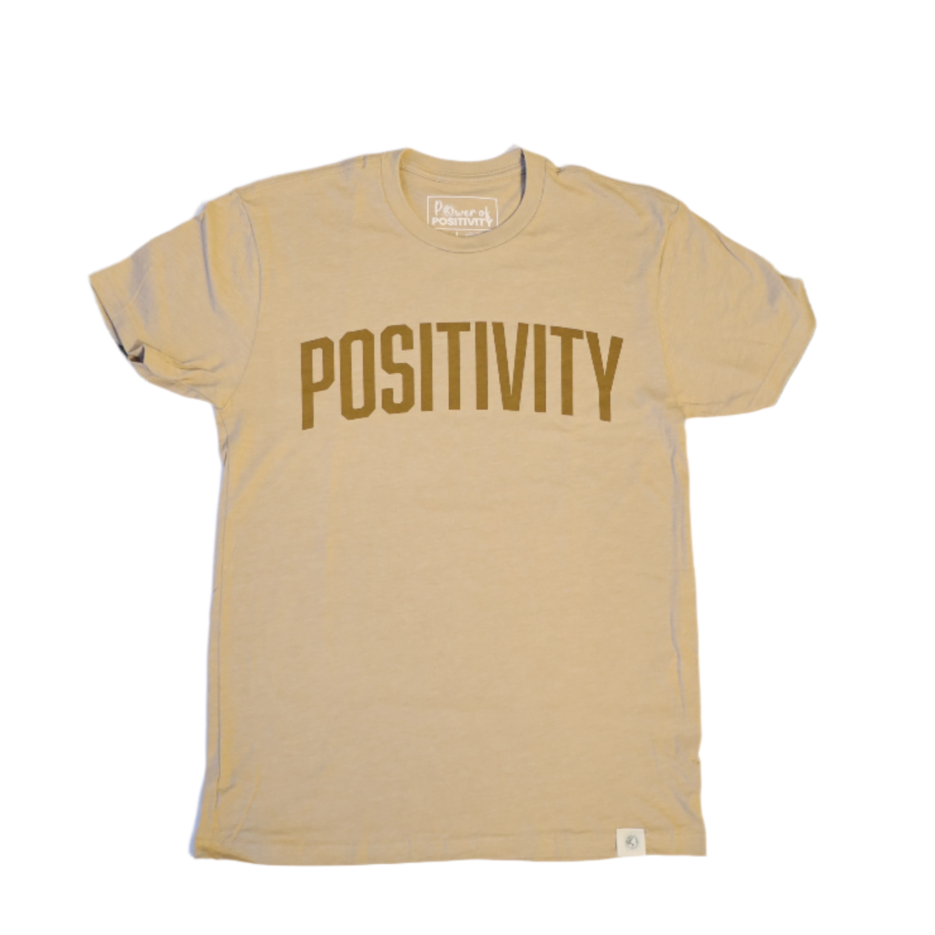 Tan T-Shirt with the word Positivity across the front of the shirt